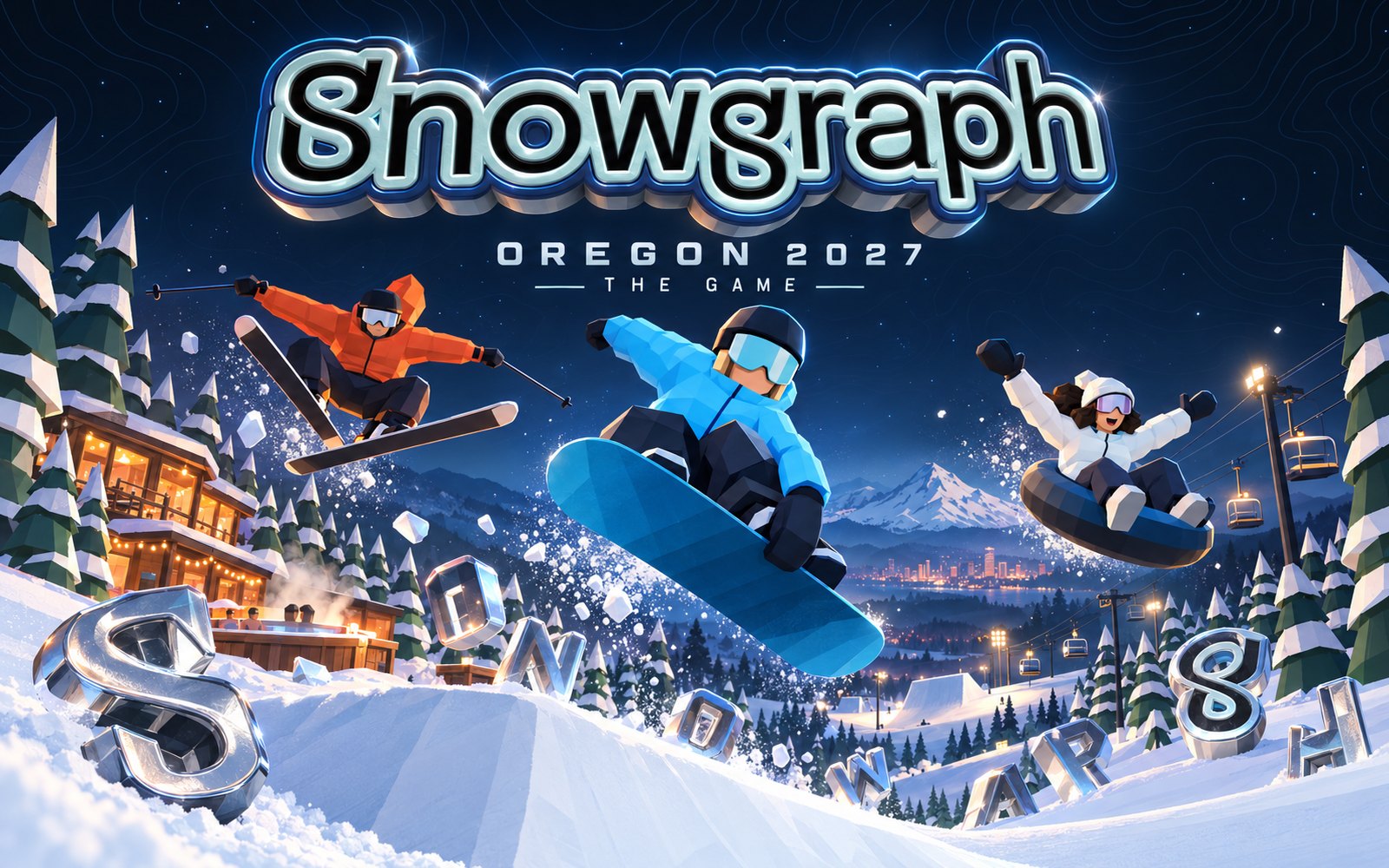Snowgraph Oregon 2027 — The Game: three low-poly riders launching off a night-lit jump above Mt. Hood